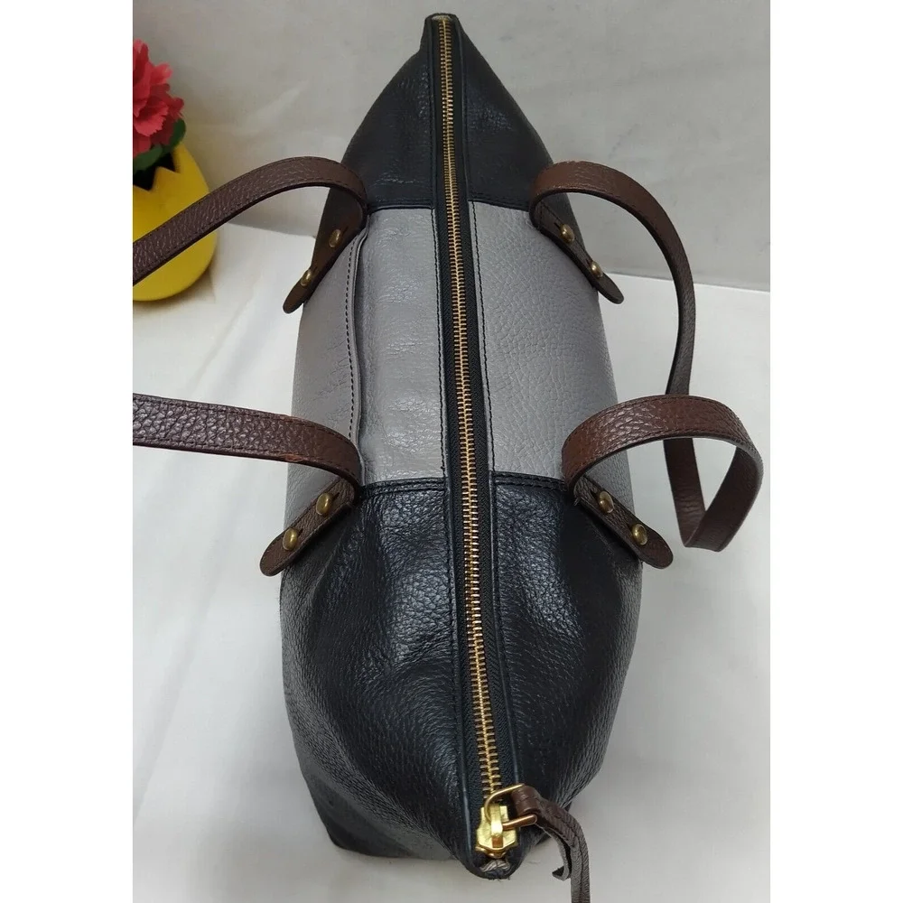 Fossil Colorblock Black Gray Pebbled Leather Double Handle Satchel Shoulder Bag